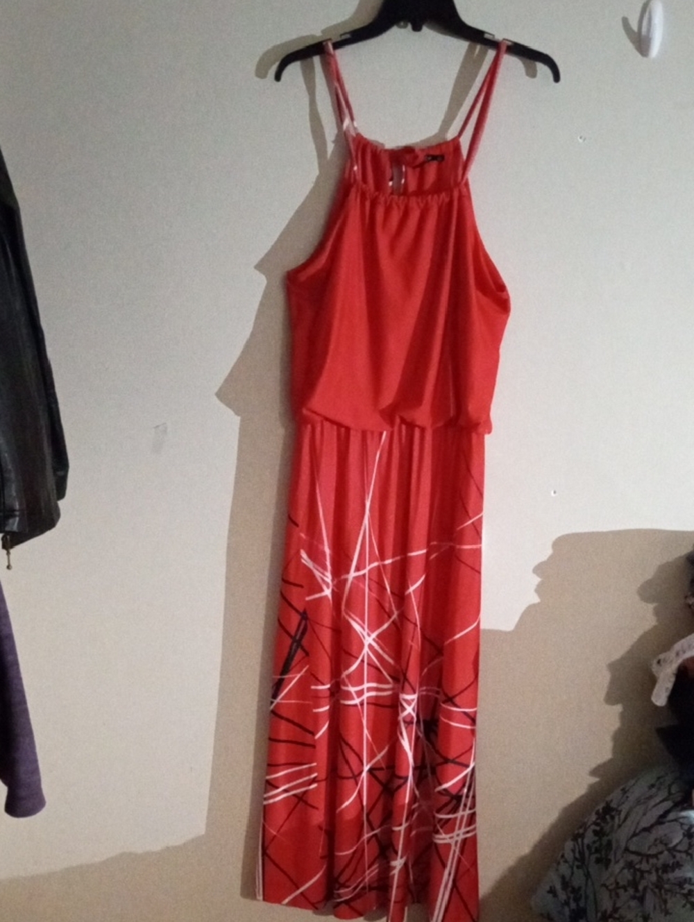 Red Spaghetti Strap Dress with Black and White Line Features